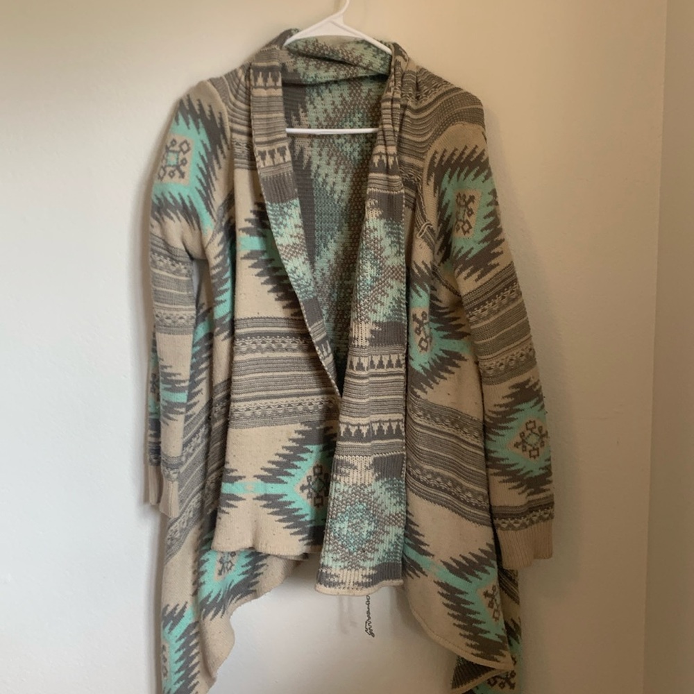 DREAMERS thick cardigan shall. cream, grey and teal blue size M/L